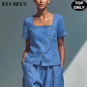 UOOZEE Women's New Chic Asymmetric Button-Down Top(Shirt ONLY), Summer Casual Square Neck Short Sleeve Breathable Shirt, Size Up for C Cup+