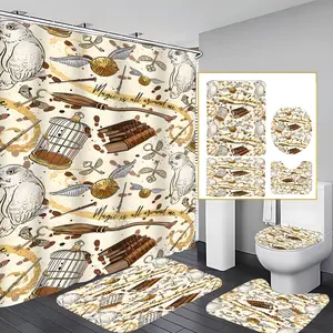 4 Pcs Magic Owl Broom Bathroom Curtain Sets with 12 Hooks,Wizard Witchcraft Large Waterproof Thickened Mildew Proof Bathroom Partition Curtain,Bathroom Shower Curtain,Toilet Lid Cover,Non-Slip Bathroom Rugs and U Shape Bath Mat,Modern Decor