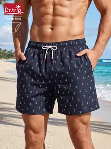 Men's Regular Fit Anchor Print Boxer Brief Swim Shorts, Casual Comfy Breathable Swim Shorts for Summer, Men's Swimwear for Beach Vacation
