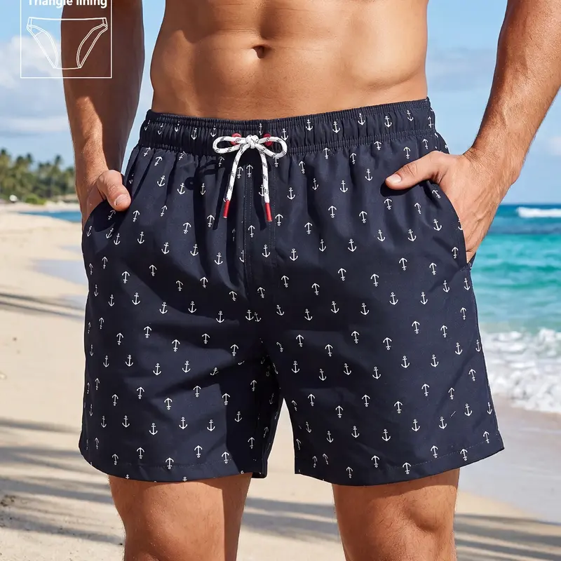 Men's Regular Fit Anchor Print Boxer Brief Swim Shorts, Casual Comfy Breathable Swim Shorts for Summer, Men's Swimwear for Beach Vacation, Drawstring Swim Shorts