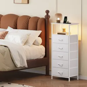 Night Stand with Charging Station,Tall Nightstand with 5 Drawers,LED Nightstands with USB Ports & Outlets,Nightstand with Hooks,Night Stand with Storage Shelf,Bedroom