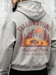 Unisex Fall Winter Outdoor Style Yellowstone National Park Sweatshirt, Background Bull Canyon Sunset Print, Casual Loose Fit