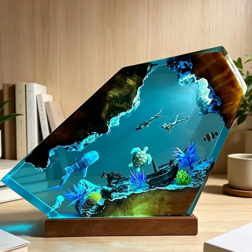 Whale Shark Resin Lamp, Handmade Resin Night Light for Home Office Decor | Multi-Color LED Light with USB Port, Nautical Desktop Ornaments, Whale Shark Gifts for Men & Women, Ocean Marine Biology Gifts for Him & Her