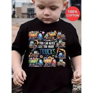 You Can Never Have Too Many Trucks" – 100% Cotton Cartoon Truck Tee for Boys, Lightweight Summer Short Sleeve, Machine Washable Round Neck Casual Top