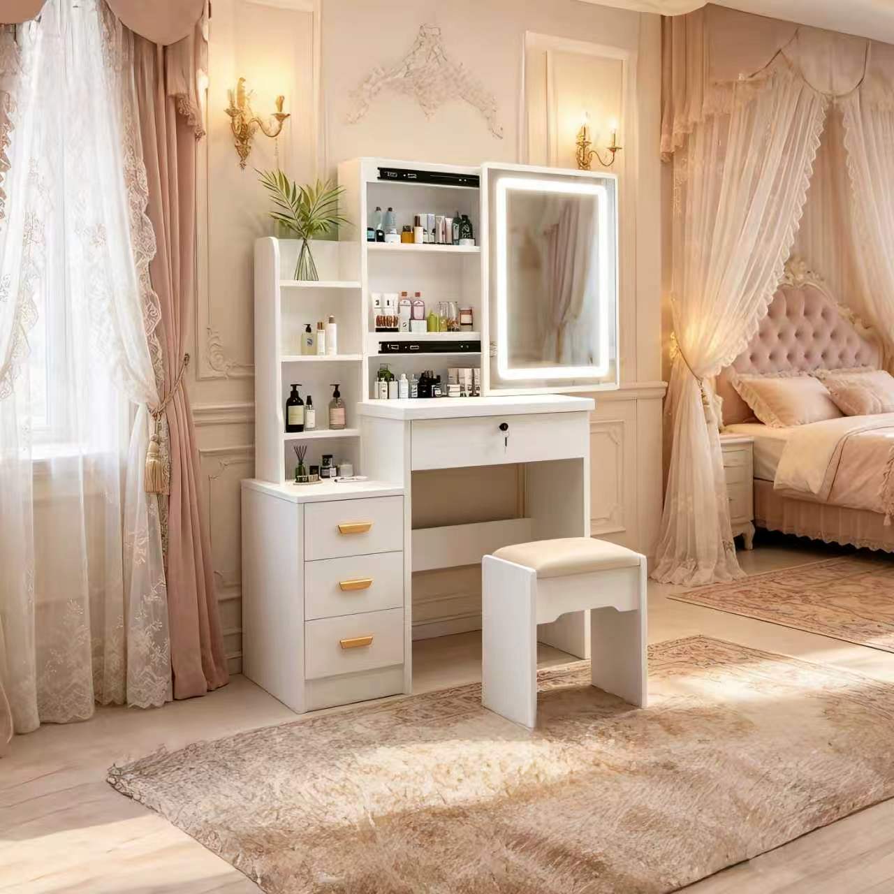 Modern White Vanity Desk with Mirror and Lights 3 Lighting Modes European Style Dressing Table with 4 Drawers & Shelf Makeup Vanity Table for Bedroom Gifts for Girls and Women