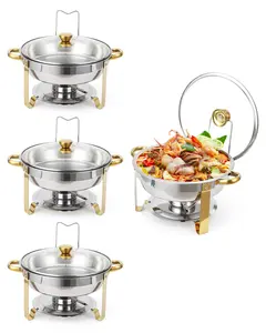 4 Pack 5QT Chafing Dishes Buffet Set, Stainless Steel Round Chafing Dish for Buffet with Lid Holder & Visible Glass Lid, Food Warmer with Food & Water Pans for Party Catering Wedding, Gold