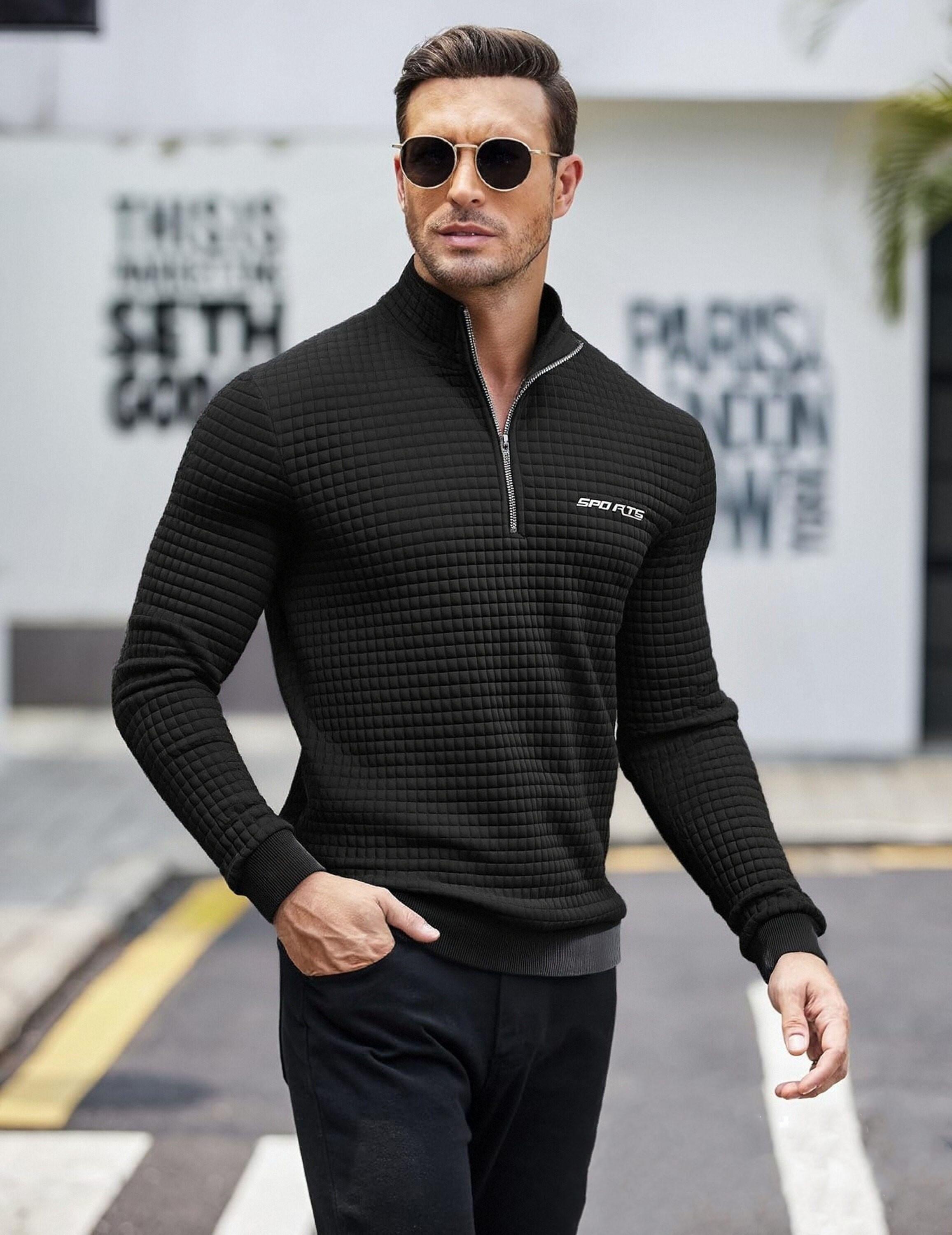 Men'S High-Neck Sweatshirt with Half Zipper for Sports, Featuring a Small Checkered Pattern, Suitable for Fitness And Running, with Long Sleeves And Ribbed Cuffs. quarter zip tiktok shop gifts for him vacation outfits