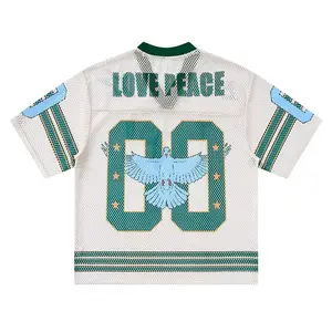 Inflation Peace dove Anti-war Streetwear Retro Football Element 260g Heavyweight Oversize Short Sleeve T-Shirt Fashion Tall Slimming V-Neck Mesh Breathable Street Style Casual Top Unisex graphic tee