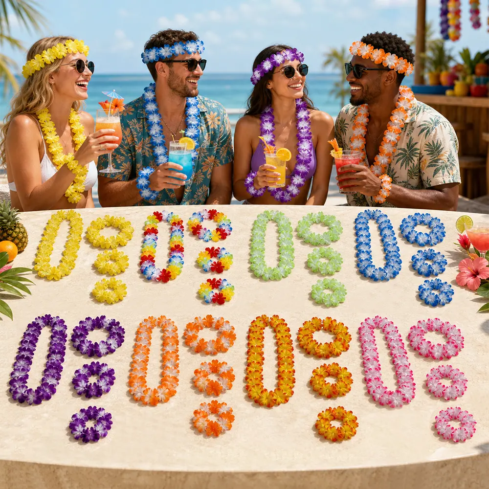 64-Piece (8 Colors) Bulk Vibrant Plastic Tropical Hawaiian Flower Leis Accessories Set - 16 Headbands, Necklaces, Wristbands with Polyester Fits, Pool Party Decor, Photo Props, Gifts for Luau Supplies