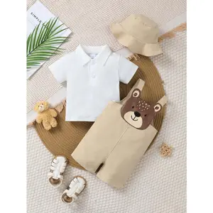 Ready Stock 6m-3y Baby Boys Bear Pattern Short Overalls Set - Polo Shirt,Overalls & Hat 3Pcs for Little Gentleman 42511037 Summer Gift Set Cap