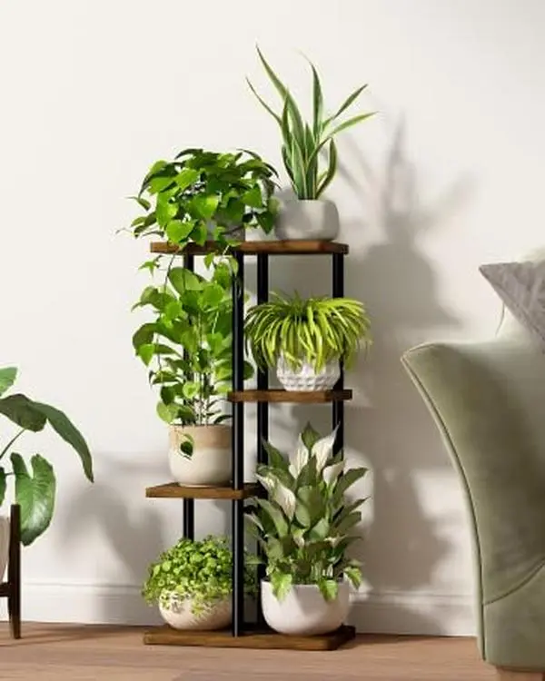 Bamworld Plant Stand 5 Tier Corner Metal Shelf Brown | Tiered shelf organizes multiple plants in living rooms, bedrooms, balconies, patios, or gardens.