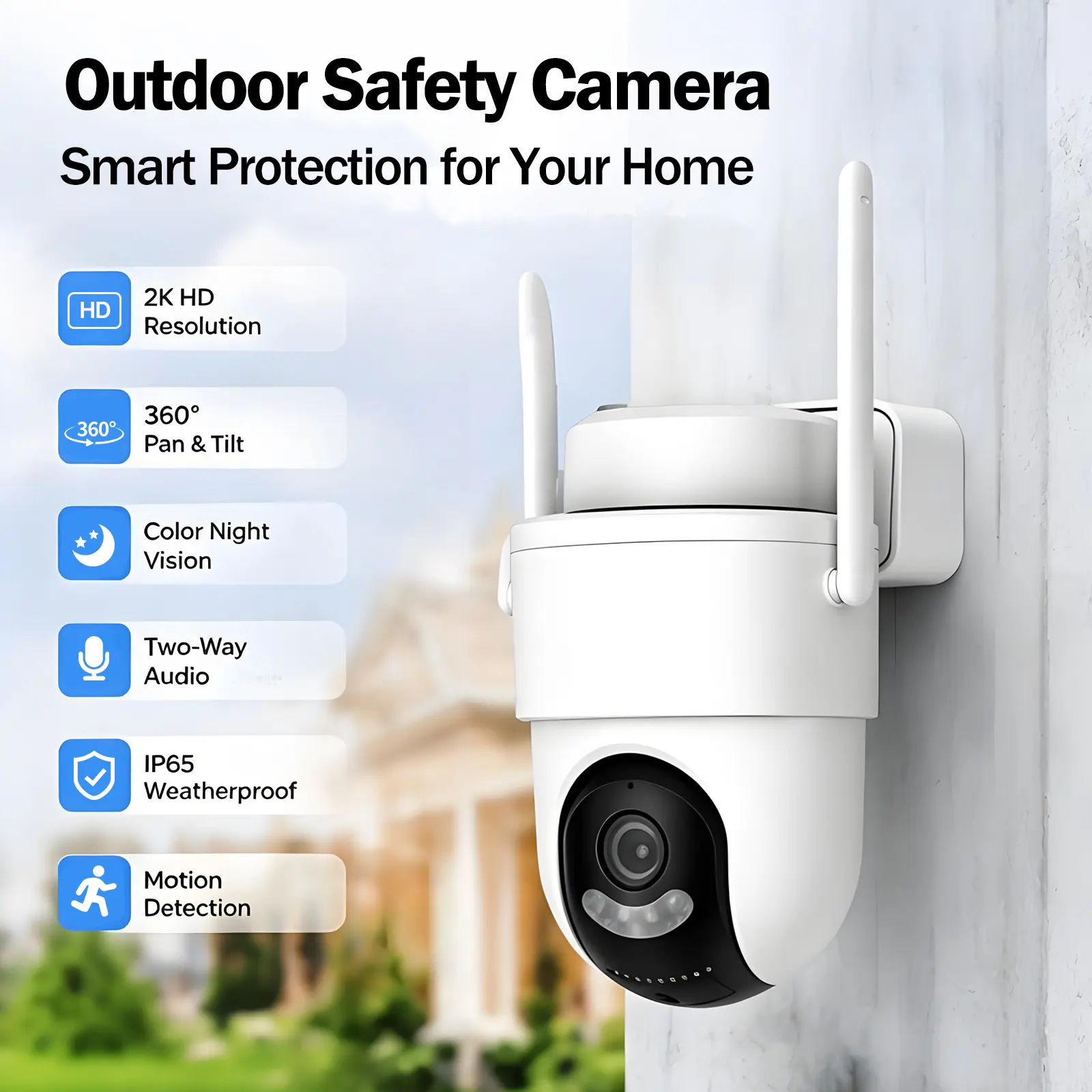 Wireless Outdoor Security Camera, 360° Pan-Tilt Home Security Camera with 2K Full HD Video, Color Night Vision, Plug-in Power, 2-Way Audio, Motion Detection, Easy Installation, 2.4GHz WiFi Monitoring