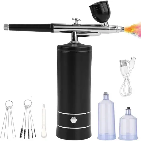 Portable Expert Airbrush Kit with Compressor - Cordless Paint Spraying Tool, Adjustable Low-High Pressure, 20cc Plastic Cup (3 Sizes), Cleaning Brush Set, Rechargeable Handheld for Nail Art, Cake Decorating