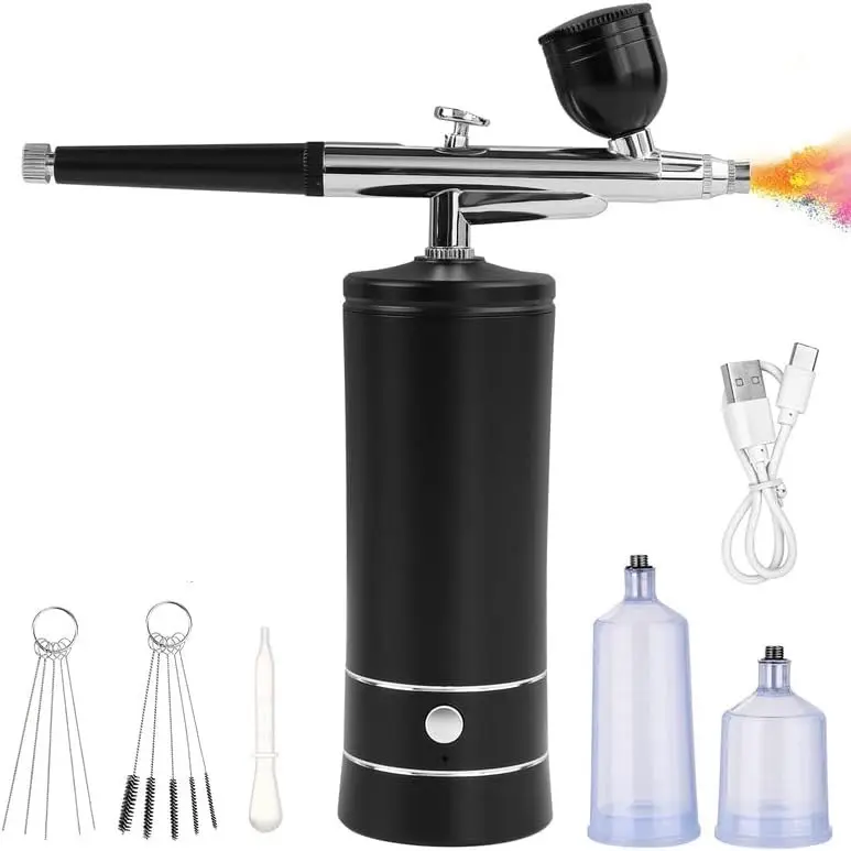Portable Expert Airbrush Kit with Compressor - Cordless Paint Spraying Tool, Adjustable Low-High Pressure, 20cc Plastic Cup (3 Sizes), Cleaning Brush Set, Rechargeable Handheld for Nail Art, Cake Decorating