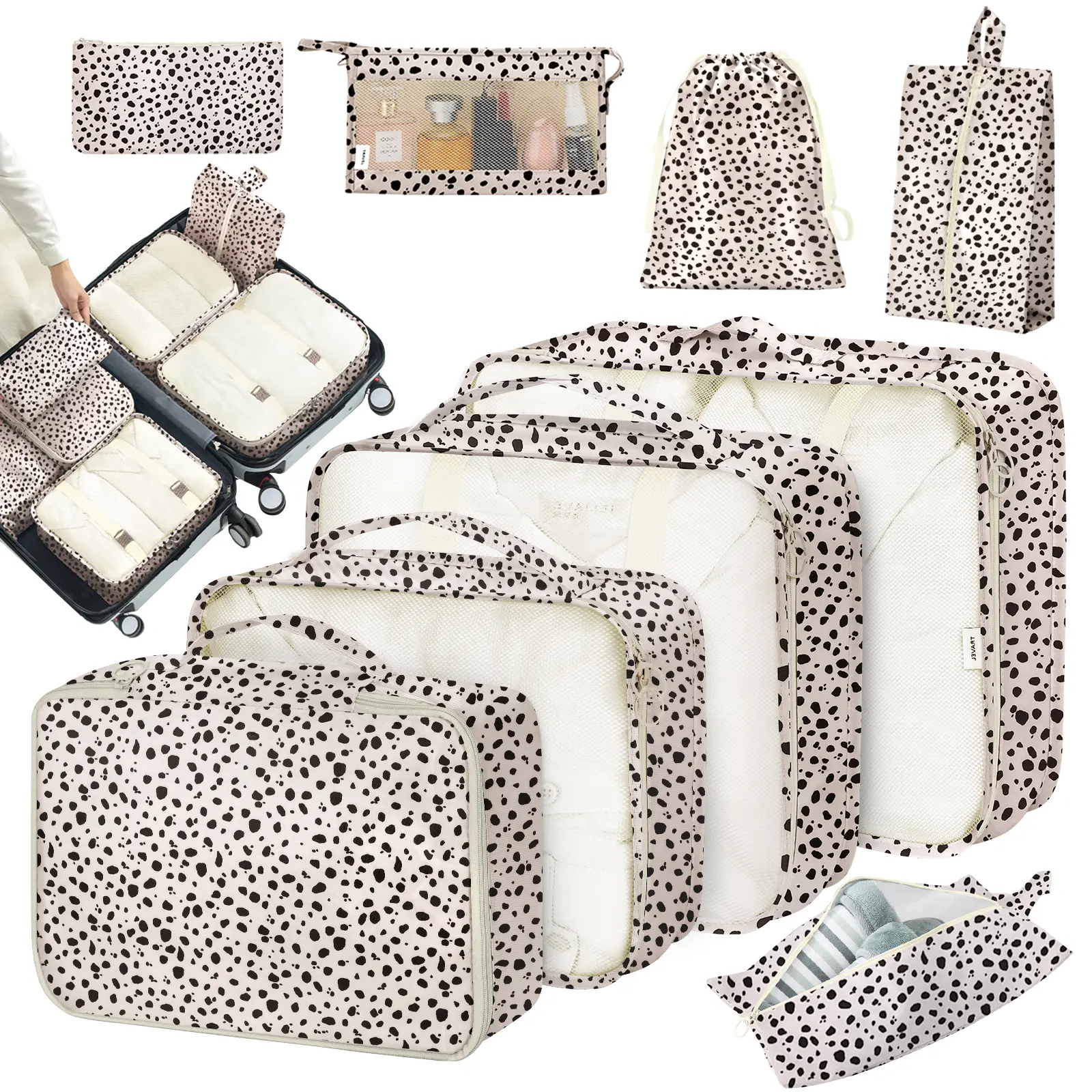 Set of 8 Lightweight Travel Organizer Bags with Shoe Bag, Expandable Space-Saving Luggage Organizers for Clothes, Great Back-to-School Travel Accessory, Travel Organization Pouch, Travel Essentials, Travel Luggage Organizer for Women Men
