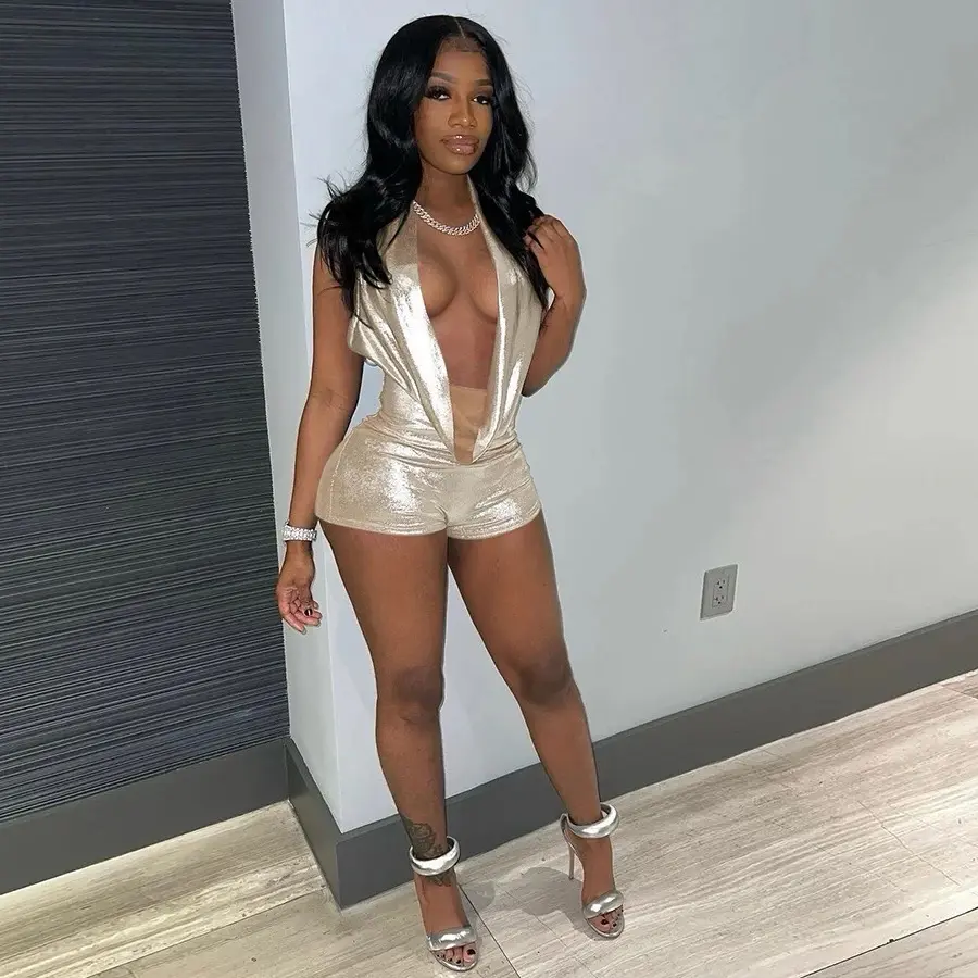 Women's Gold Sheer Romper for Night Out - Jumpsuits, Womenswear