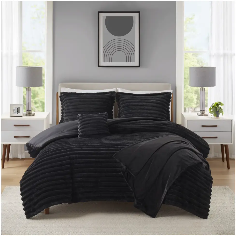 5-Piece Black Cozy Plush Comforter Set Full/Queen/King Soft Warm Bedding with Shams & Decorative Pillow
