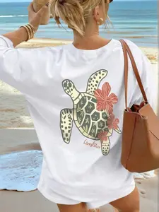 Tropical Sea Turtle & Hibiscus Short Sleeve T-Shirt, Casual Beach Surf Streetwear, Premium Cotton Fabric, Boho Style, Loose Fit