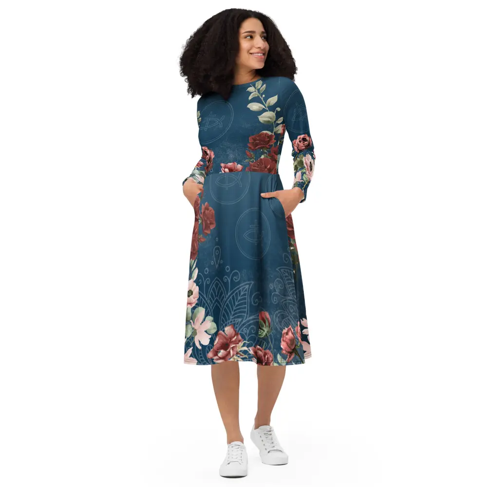 Faith Floral Midi Dress with Pockets | Ichthys & Cross Long Sleeve Christian Dress Modest | Blue Floral Pattern