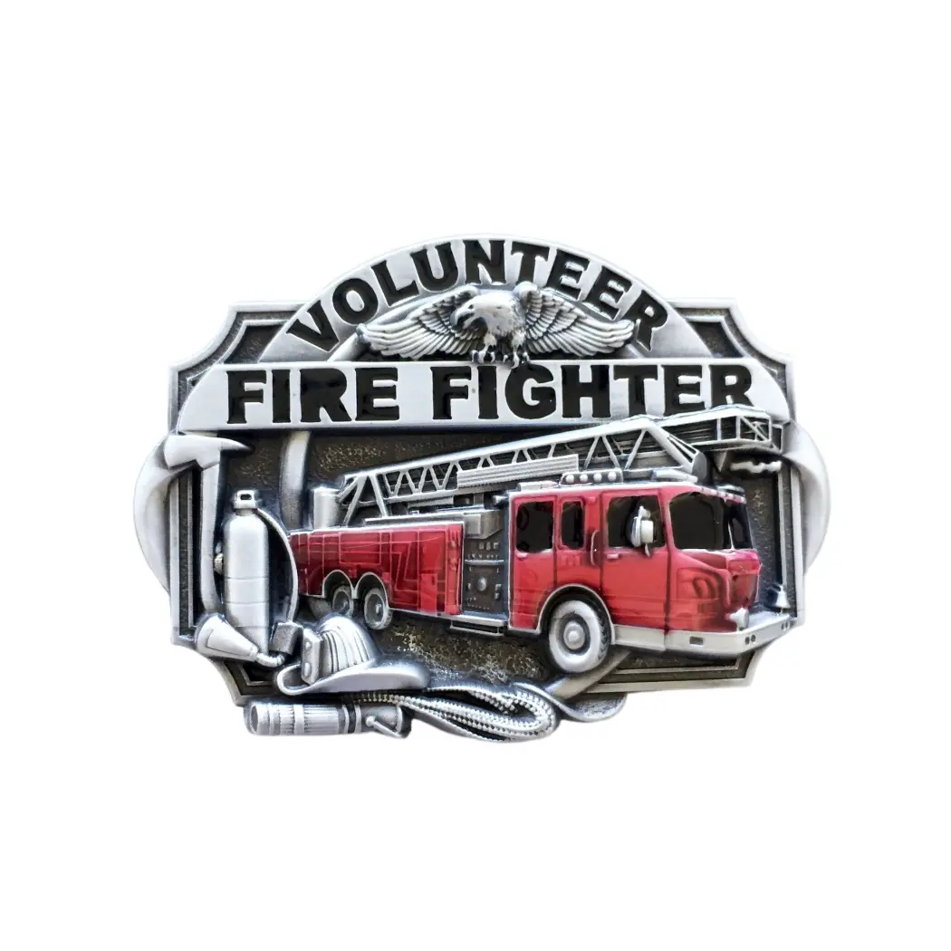 Vintage Style Enamel Emblem Volunteer Firefighter Belt Buckle - 110 g, 1.58 inch (40 mm) Fashion Clothes Accessory for Emergency Safety, Badge-Inspired Belt Accessory, 2.6 Inch Height
