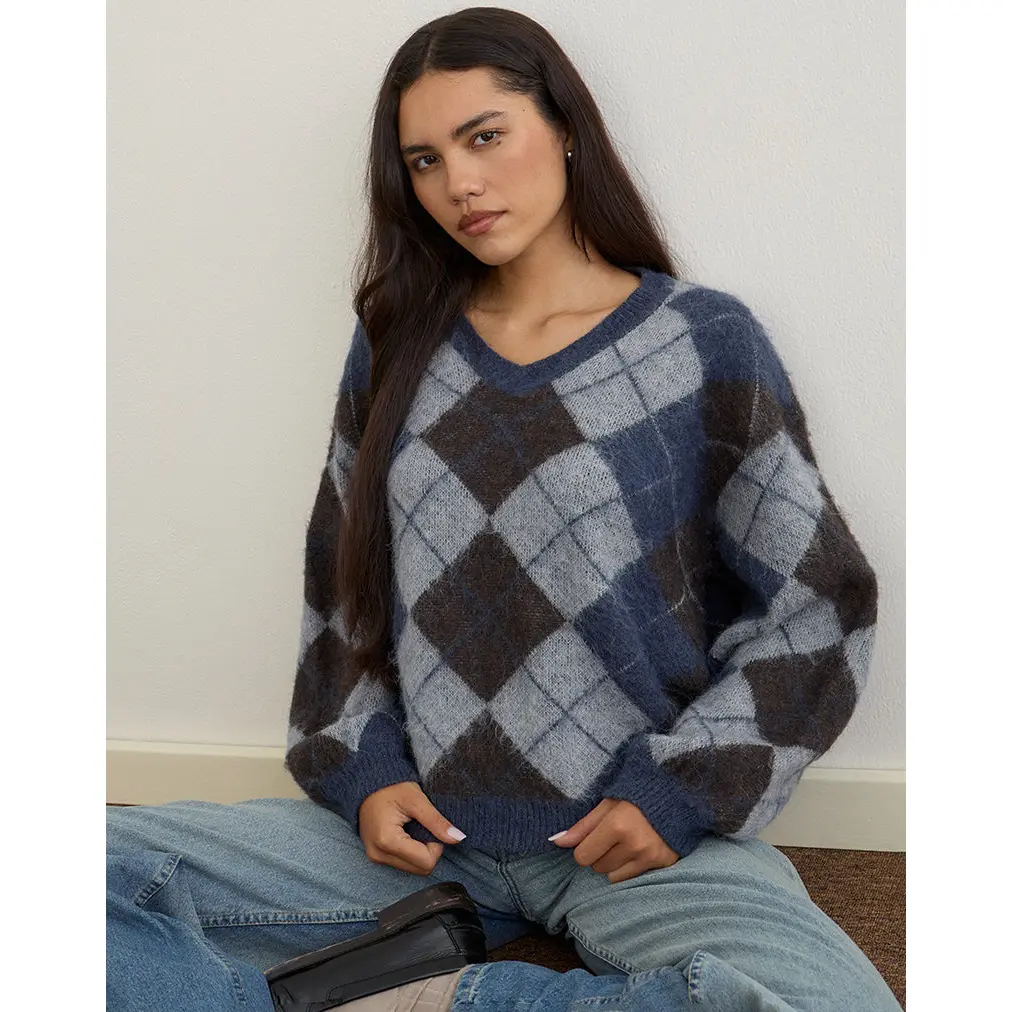 Louna Jumper in Knit Argyle Check Navy