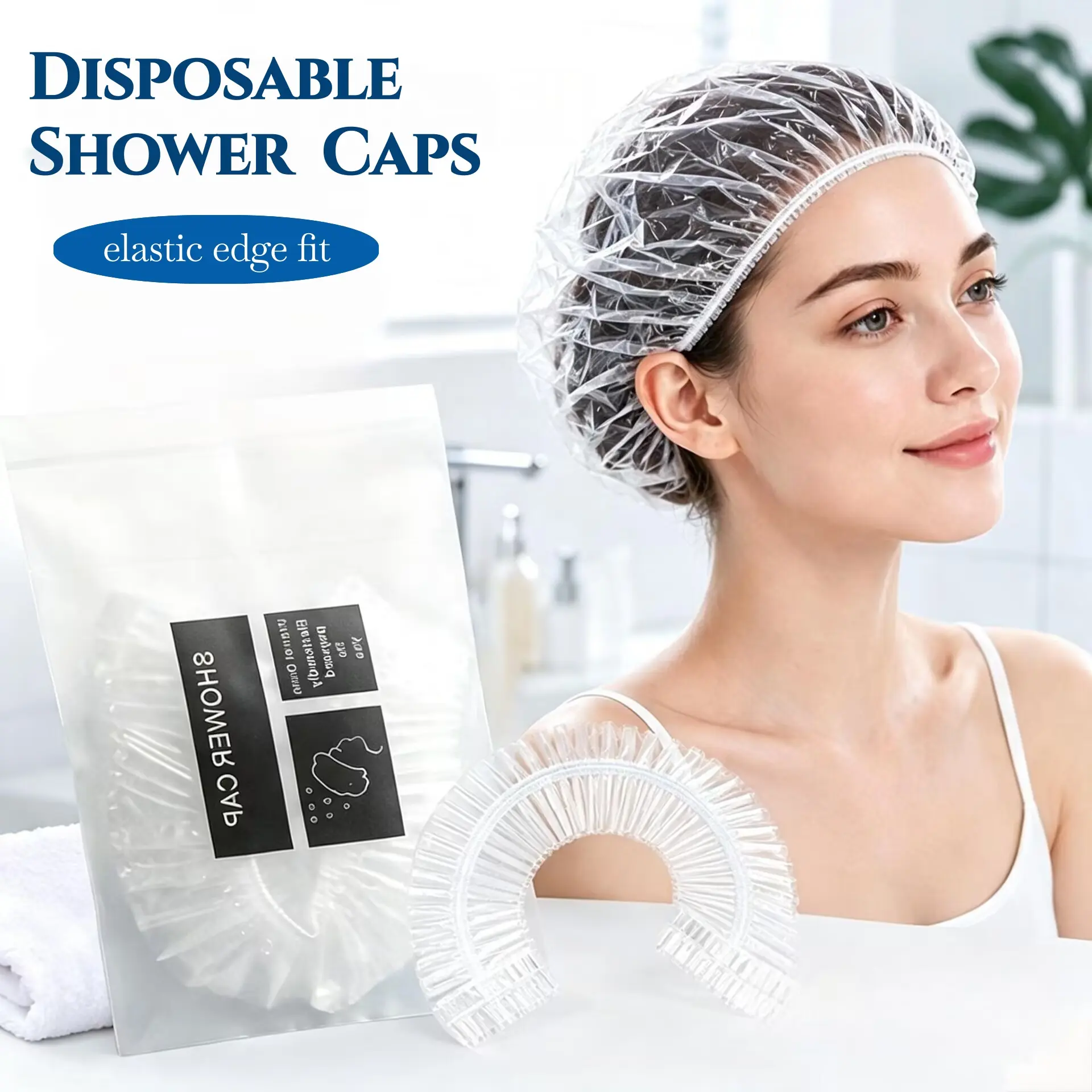 100pcs Disposable Shower Caps, Plastic Elastic Bath Caps, Waterproof Shower Hair Cover, Home Goods, Bathroom, Shower Essentials, Shower Cap Set  ,Suitable for the whole family.