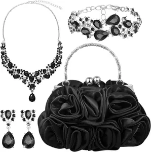 4 count Flower Clutch Rhinestone  Set Rose Clutch Handbags with Detachable Strap Detachable Necklace Earrings Bracelets for Wedding Party Prom Valentine