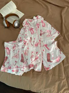 Women's Two-Piece Sleepwear Set, Short Sleeve Button-Up Top & Loose Shorts, Night Wear & Casual Use, All over Print, Above the Knee, Pajama Set