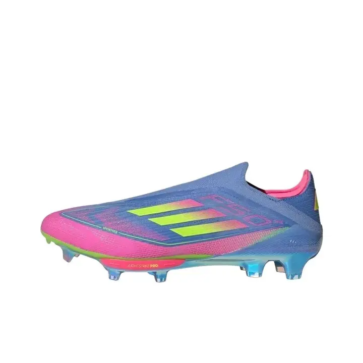 Brand-New Retro Unisex Laceless Firm-Ground Soccer Cleats - Vibrant Blue Upper, Neon-Green Strip, Bright Pink Toe-Cap & Inner Collar, Glossy Blue Studded Sole, Lightweight Knit Surface, Original Shoe-Box for School Matches, Grass-Pitch Drills