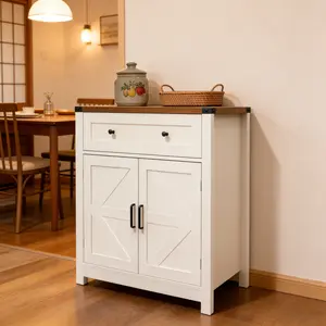 [Fahuac] White Farmhouse Barn Door Storage Cabinet with Wood-Grain Top, Coffee Bar Buffet Sideboard with Drawer for Kitchen Living Room Dining Entryway