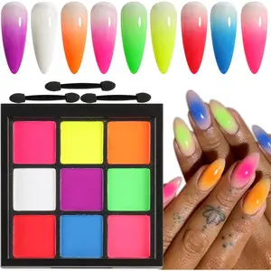 Neon Nail Pigment Powder Palette, 9 Colors Solid Neon Nail Powder Phosphor Fluorescent Nail Glitter Aura Nail Summer Decoration Ombre Gradient Design Rub Dust Manicure Pigmentos para Uñas