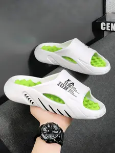 Men's Letter Print Massage Sandals, Indoor & Outdoor Use, Non-Slip Casual Open-Toe Beach Shower Slippers, Comfortable Footwear