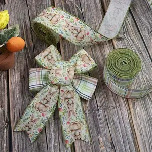 2 Rolls Easter Wired Edge Ribbon, Spring Floral Bunny Watercolor Fabric Ribbon, Floral Appliques for Gift Wrapping, Wreaths, Bows & Craft
