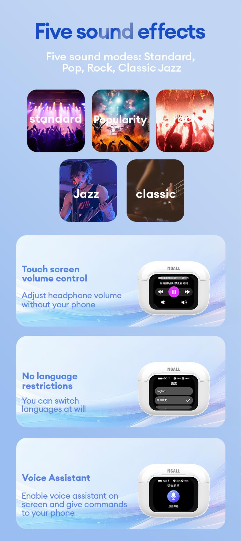 MGALL Y49 Multifunctional Wireless Headphones with Bluetooth 6.0, Colorful LCD Smart Touch Screen, Personalized Screensaver, Hi-Fi Sound, IPX5 Waterproof, Ideal for Office, Study, Sport & Calls