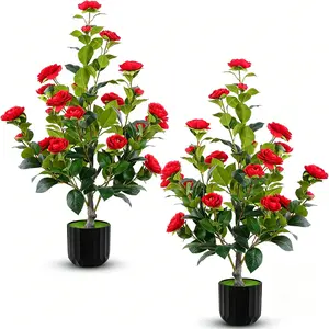2 Pack 35"-Tall Silk Faux Artificial Red Camellia Fake Tree Plants - Lifelike Decorative Potted Flower in Black Pot, Low-Maintenance for Indoor Home Office Living Room Decor, Vibrant Year-Round Accent