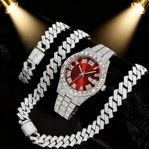 Luxury Watch Set, Hip-Hop Style Bracelet & Necklace, Men's Quartz Watch with Rhinestones, Perfect Gift, Fashion Accessory, High End Watch