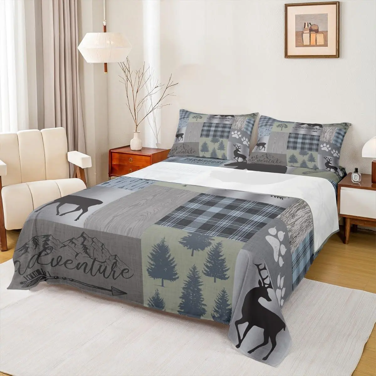 Deer Bear Bed Sheet,Pine Animals Plants Bedding Set for Kids Teens Adults Room Decor,Geometric Plaid Patchwork Bed Cover Grey Green Rustic Farmhouse Fitted Sheet+Flat Sheet