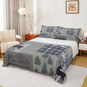 Deer Bear Bed Sheet,Pine Animals Plants Bedding Set for Kids Teens Adults Room Decor,Geometric Plaid Patchwork Bed Cover Grey Green Rustic Farmhouse Fitted Sheet+Flat Sheet