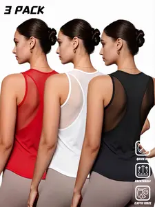 3-Pack Women's Short Sleeve Yoga Tops, Mesh Panel Design, Breathable Lightweight Fabric, Ideal for Summer Workout, Pilates, Running