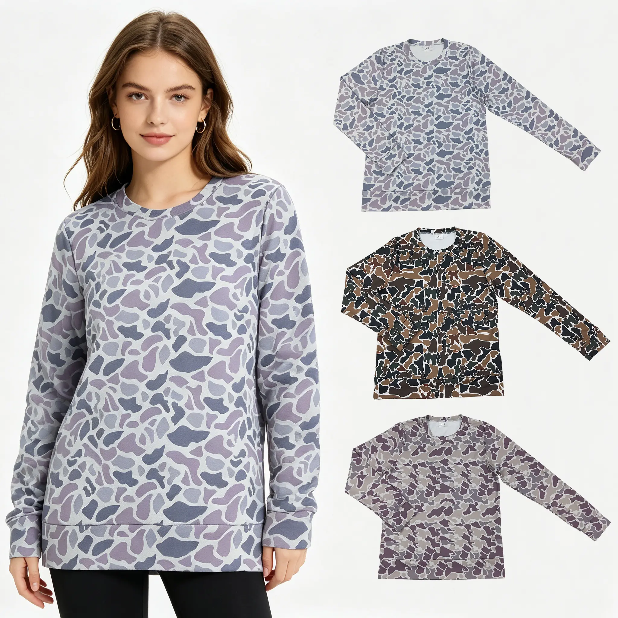 Women's Camo Print Long Sleeve Top, Soft Stretchy Milk Silk Round Neck Shirt, Casual Fashion Essential for Everyday Wear