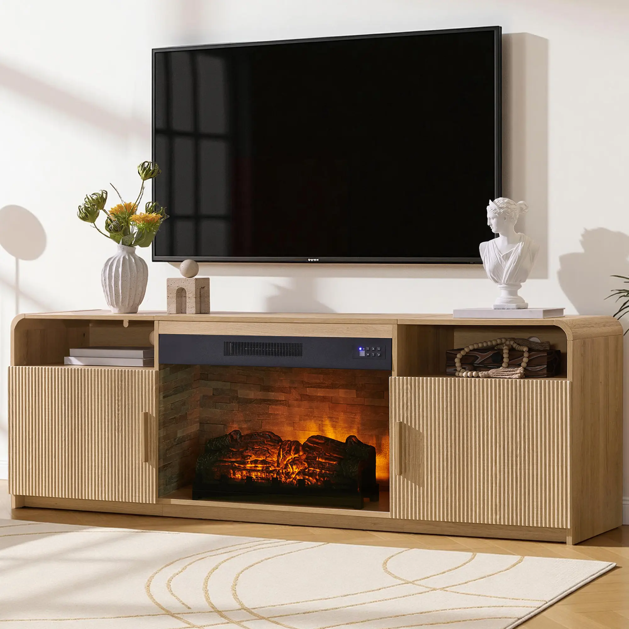 ALBOTT 70" Fluted Fireplace TV Stand, TV Console with 30" Electric Fireplace, Modern Living Room Entertainment Center, Fits TVs up to 80", Storage Cabinets, Rounded Edges