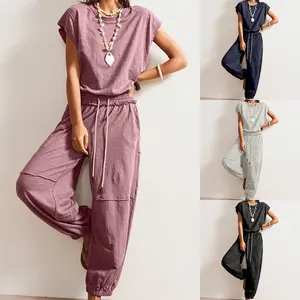 WoodBerry Women's Casual Sleeveless Jumpsuit Dressy Summer Business Outifts Open Back Loose Workout Onesie Drawstring Romper With Pockets