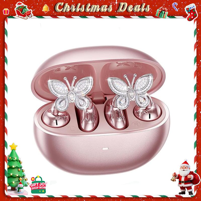[Valentine's Day] Tukio 2026 Jewelry-Inspired Clip-On Earbuds with Butterfly Earrings Comfortable Fit 50H Playtime Bluetooth 5.4 Wireless Headphones for Women Sports Workouts