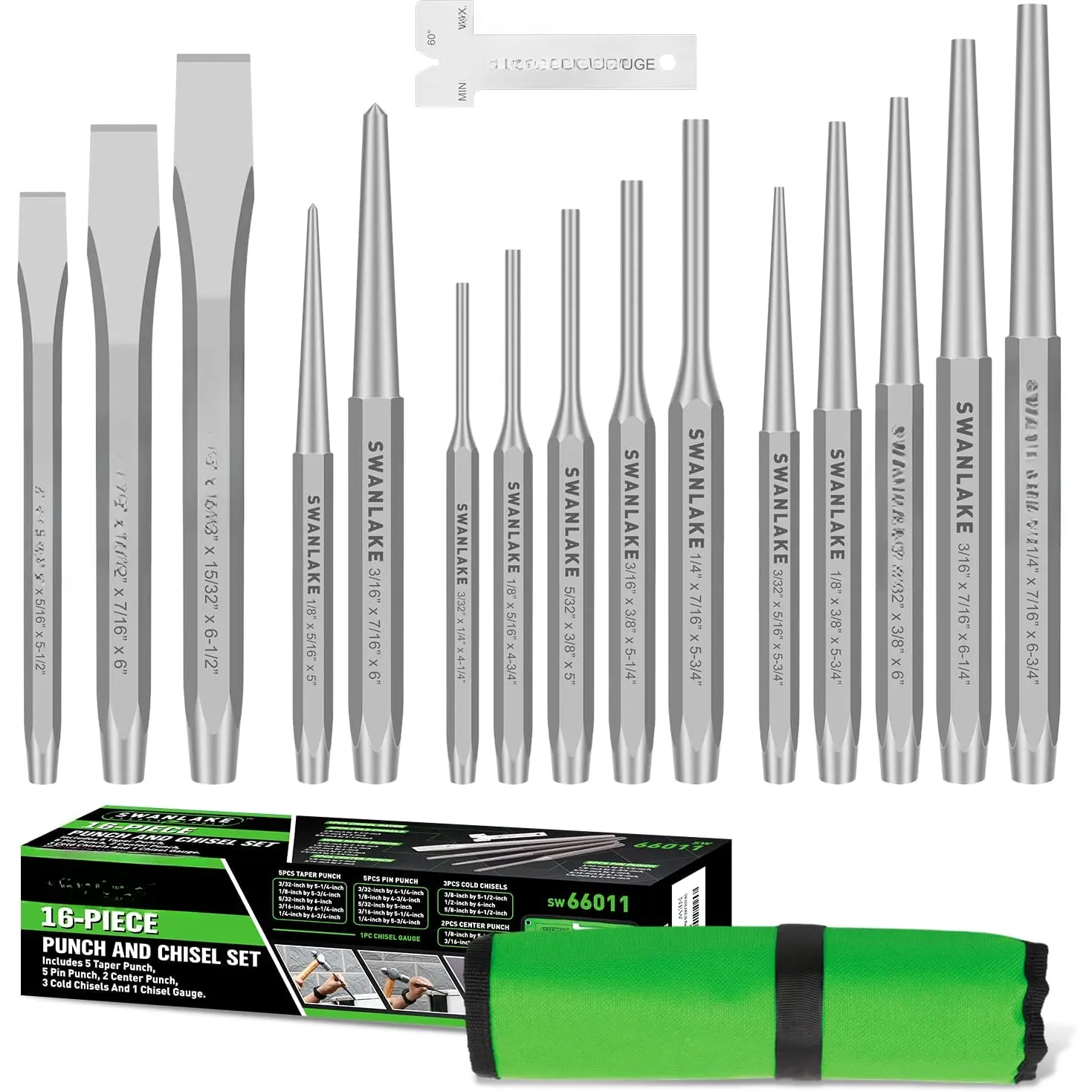 Punch and Chisel Set, Including Taper Punch, Cold Chisels, Pin Punch, Center Punch (16pcs)