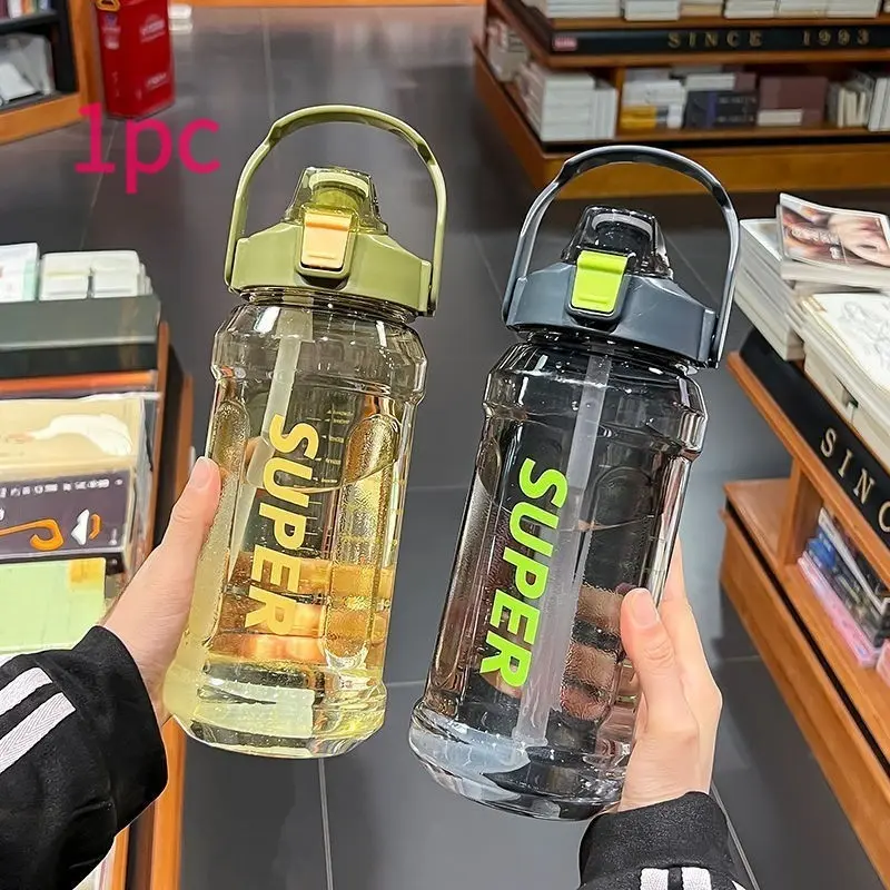 Large Capacity Sports Workout Gym Water Bottle 2L, Trendy Straw Cup with Phone Stand, Portable Leak-Proof Durable Water Bottle with Measurement Marks