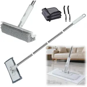 4 in 1 Disposable Dust Mop with Squeegee & Scrub Brush with Long Handle, 2 Shiny Towels Wipes Cloths, 2 Crevice Brush, Snap Grip Mini Mop for Windows Car Shower