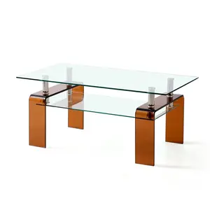 360 stand Modern Rectangular Tempered Glass Coffee Table - 39 in., Brown Base, Floating Edge Design, Single Shelf Tempered Glass Top, Brown Coffee Tables, Curved Coffee Tables