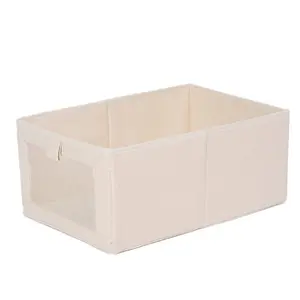 Foldable Cotton Linen Storage Bin with Clear Window - Decorative Fabric Organizer Box with Handle for Closet, Shelves, Underwear & Nursery - Minimalist Home Organization