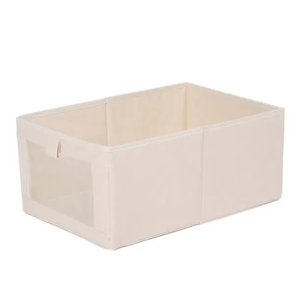 Foldable Cotton Linen Storage Bin with Clear Window - Decorative Fabric Organizer Box with Handle for Closet, Shelves, Underwear & Nursery - Minimalist Home Organization