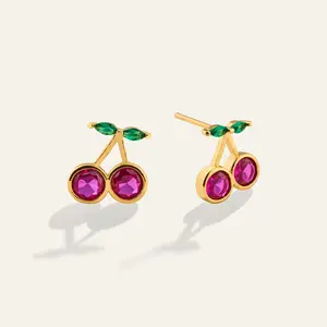 Cherry Stud Earrings Gold Dipped with Cubic Zirconia Accents Lightweight and Whimsical for Chic and Polished Looks